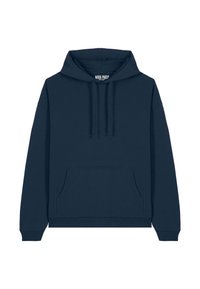 Hanorac albastru închis, confecționat dintr-un material moale, având un buzunar frontal, glugă cu șnur ajustabil și manșete și tiv cu nervuri.