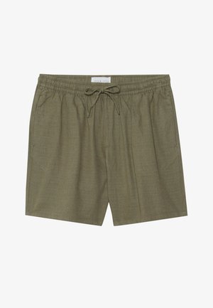 Olive green shorts made from textured fabric, featuring an elastic waistband with a drawstring and side pockets for convenience.