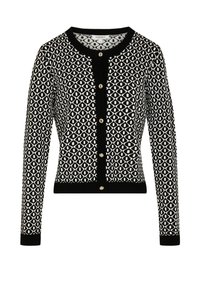 Cardigan à motifs noir et blanc avec un col rond, des manches longues, des poignets côtelés et une rangée de boutons dorés à l'avant.
