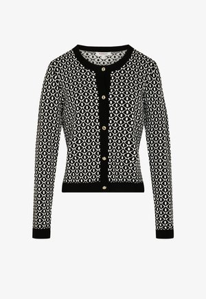 Schwarze und weiße gemusterte Strickjacke mit Rundhalsausschnitt, langen Ärmeln, gerippten Bündchen und einer Reihe von goldfarbigen Knöpfen an der Vorderseite.