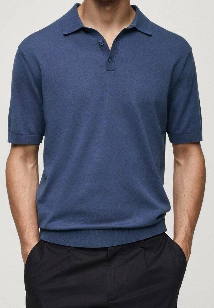 Navy blue short-sleeve polo shirt made of soft cotton. Features a classic collar and three-button placket with a ribbed hem.