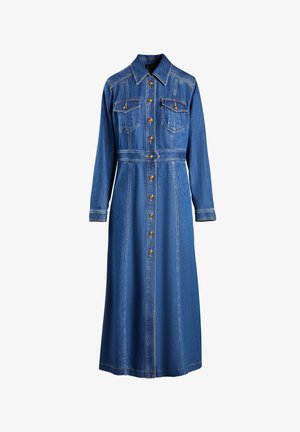 Jeans obleka z dolgimi rokavi, sprednjim gumbom, dvema žepoma na prsih in pasom. Ima zlate gumbe in kontrastno šivanje.