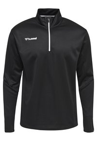 Maglietta nera a maniche lunghe con zip a quarto, realizzata in tessuto testurizzato, con zip bianca e logo sul lato sinistro del petto. Design semplice.