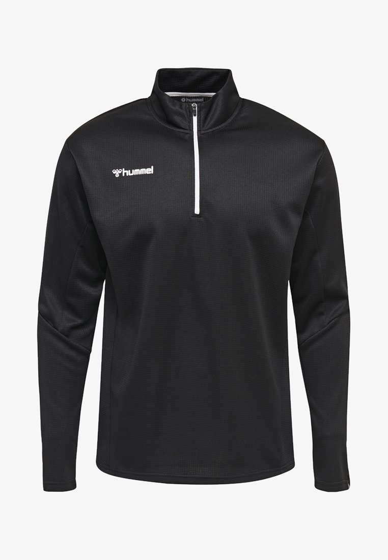 Maglietta nera a maniche lunghe con zip a quarto, realizzata in tessuto testurizzato, con zip bianca e logo sul lato sinistro del petto. Design semplice.