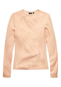 Bluzka z długim rękawem, prążkowana, wykonana z miękkiej brzoskwiniowej tkaniny. Posiada okrągły dekolt i małe logo w pobliżu krawędzi. Gładka faktura i dopasowany krój.