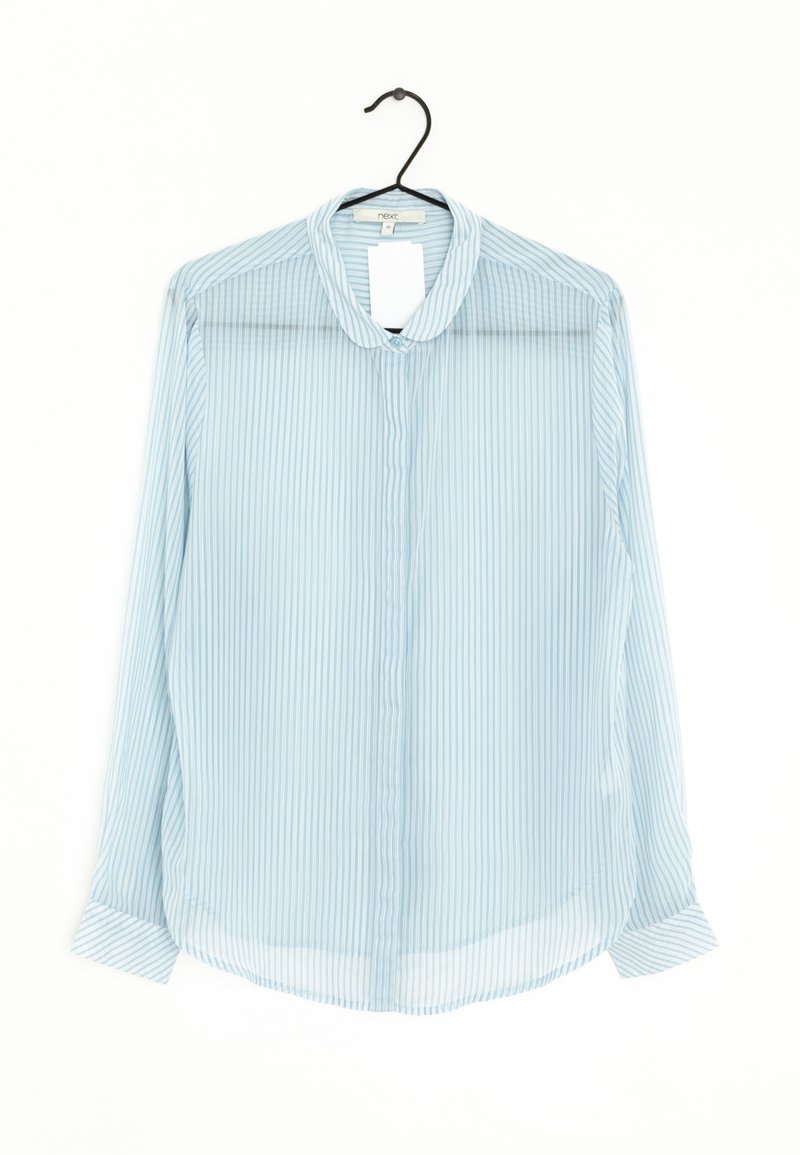 Light blue sheer blouse with thin white vertical stripes, collar, and button-down front. Long sleeves with cuff details.