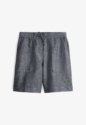 Pantaloni corti in misto lino con vita elastica, chiusura con coulisse, due tasche frontali e tessuto testurizzato grigio scuro.