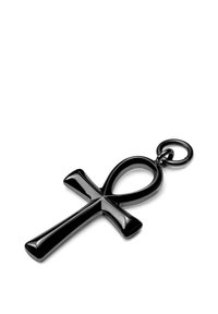 Svart ankh nyckelring, tillverkad av polerat metal, har en förenklad korsform med en ögla upptill. Slät yta, glänsande finish.
