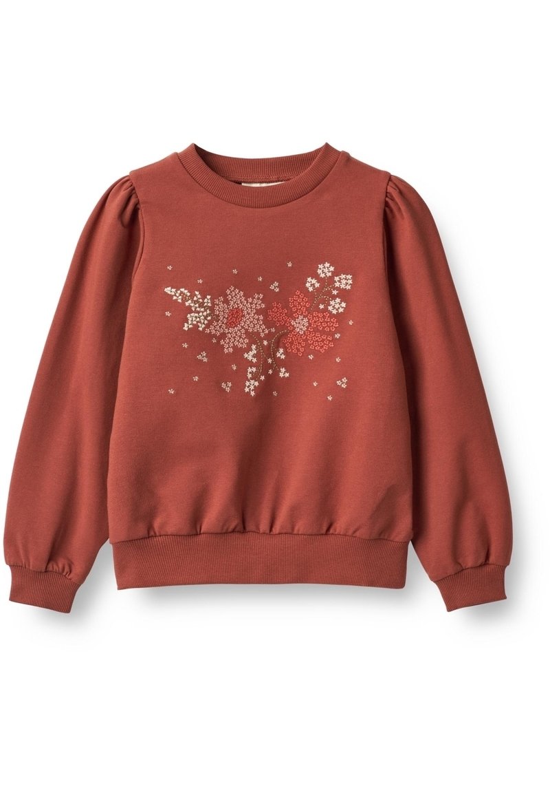 Felpa a maniche lunghe color ruggine con spalle a sbuffo e ricamo floreale frontale in tonalità di bianco, rosa e rosso.