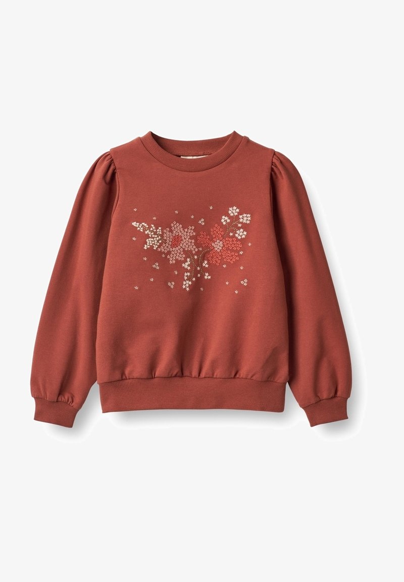 Felpa a maniche lunghe color ruggine con spalle a sbuffo e ricamo floreale frontale in tonalità di bianco, rosa e rosso.