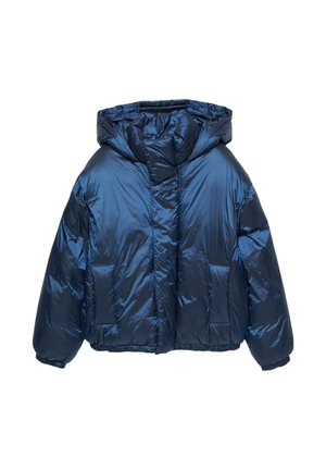Kurtka puchowa w ciemnym niebieskim kolorze, z wydatnym kapturem, szerokim krojem i elastycznymi mankietami. Wykonana z błyszczącego, pikowanego nylonu z dwoma przednimi kieszeniami.
