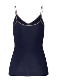 Marineblauwe cami-top met dunne, verstelbare bandjes en een v-halslijn. Beschikt over een gladde textuur en contrasterende lichtbruine afwerking langs de randen.