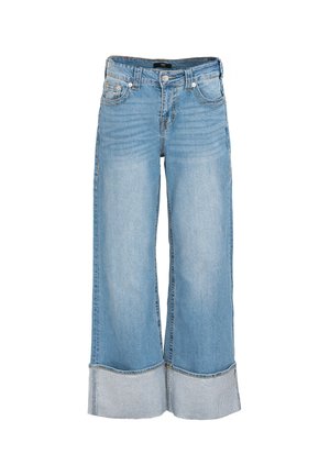 Lichtblauwe wijde jeans van denim, met een hoge taille, voorzakken en een omgeslagen zoom. Subtiele vervaging overal.