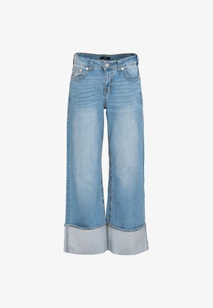 Lichtblauwe wijde jeans van denim, met een hoge taille, voorzakken en een omgeslagen zoom. Subtiele vervaging overal.