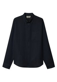 Chemise à manches longues bleu marine foncé en tissu lisse, avec col pointu, poche avant et poignets boutonnés.