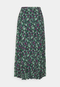 Blumiger Midirock mit grünem Hintergrund, lila und mintfarbenen Blumen, plissiertem Design, elastischem Bund und weichem Stoffgefühl.