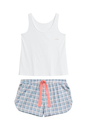 Biała bezrękawnik z różowym logo "ATLANTIC"; niebieskie i różowe szorty w kratę z elastycznym pasem i różowym sznurkiem.