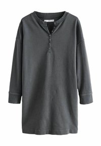 Haut henley à manches longues gris foncé en tissu doux, avec un col rond, une patte de boutonnage et une coupe décontractée avec des poignets côtelés.