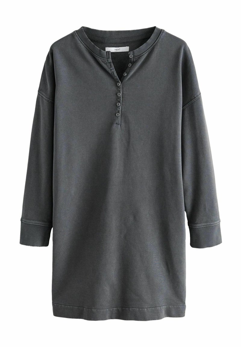 Haut henley à manches longues gris foncé en tissu doux, avec un col rond, une patte de boutonnage et une coupe décontractée avec des poignets côtelés.