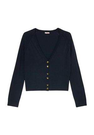 Cardigan court bleu marine avec un décolleté en V profond, des manches longues et des boutons dorés devant. Texture lisse avec un design ajusté.