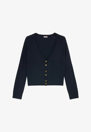 Navyblauwe korte cardigan met een diepe V-hals, lange mouwen en gouden knopen aan de voorkant. Glad textuur met een getailleerd ontwerp.