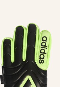 Svart och neongrön målvaktshandskar med texturerad grip-yta, vadderade fingrar och 'adidas' logotyp på sidan.