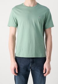 Mintgrøn bomulds t-shirt med rund hals, korte ærmer og minimalistisk logo detaljer på brystet, parret med mørkeblå jeans.