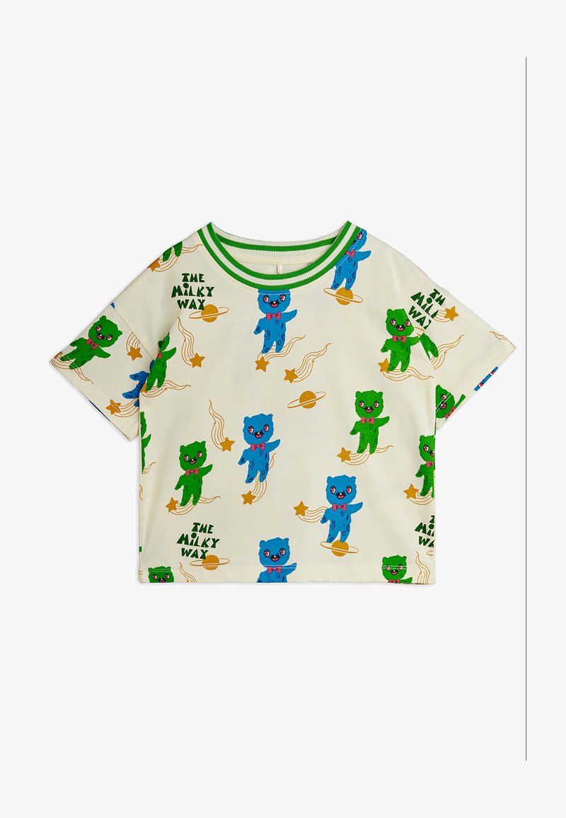 Παιδικό κρεμ μπλουζάκι με γιακά με πράσινες ρίγες, με επαναλαμβανόμενα μπλε και πράσινα αρκουδάκια, αστέρια, πλανήτες και το κείμενο "Ο Γαλαξίας".
