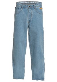 Light blue baggy jeans made of denim, featuring a button and zipper closure, five pockets, and an embroidered logo on the waistband.