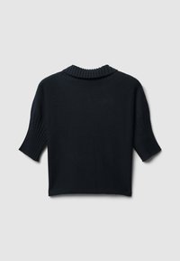 Dunkelblauer kurzärmliger Strickpullover mit geripptem Kragen und strukturierten Ärmeln, der einen lässigen Schnitt und einen glatten Körper bietet.