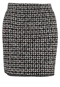 Svart och vit texturerad minikjol med ett rutigt mönster, med en figursydd midja och fåll. Tyget verkar vävt med varierande tjocklek.