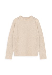 Pull léger beige en tricot doux. Il possède un col rond, un ourlet côtelé et des manches raglan avec une subtile texture.