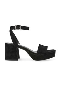 Tacchi a platform in suede nero con punta quadrata, tacco spesso, cinturino alla caviglia regolabile e dettaglio in fibbia argentata. Finitura opaca texturizzata.