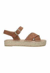 Brown suede espadrille sandals with a braided straw platform, featuring a buckle strap and open toe design.