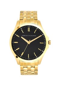Gold-tone wristwatch with a black dial, featuring gold hour markers and hands, silver link bracelet, and a minimalist design.