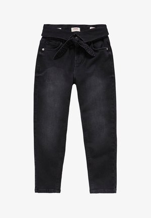 Jean noir taille haute avec poches avant et ceinture en tissu nouée en nœud à la taille, coupe droite.