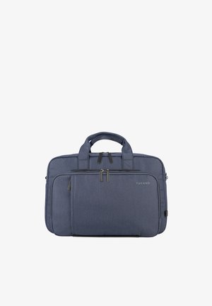 Borsa per laptop grigio scuro con doppi manici, tasca frontale con cerniera e logo Tucano sul lato destro.