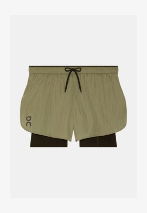 Ľahké olivovo zelené viacvrstvové bežecké šortky s čiernou vnútornou kompresnou vrstvou a pásom so šnúrkou, s malým logom pri leme.