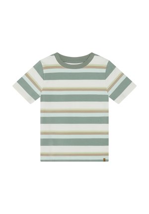 Gestreiftes T-Shirt mit kurzen Ärmeln in Weiß, Grün und sanftem Braun mit rundem Halsausschnitt. Verfügt über horizontale Streifen in unterschiedlicher Breite. Aus Baumwollmaterial.