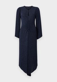 Navy blue pitkähihaista mekkoa, jossa on V-pääntie ja avainreikäyksityiskohta. Ominaisuuksiin kuuluu kerätty vyötärö ja epäsymmetrinen helma. Valmistettu pehmeästä kankaasta, sileä tekstuuri.