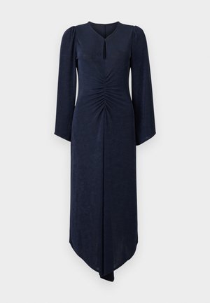Navy blue long-sleeve dress with a V-neck and keyhole detail. Features gathered waist and asymmetric hemline. Made of soft fabric, smooth texture.