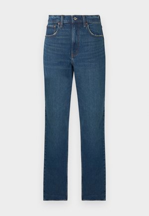 Jeans en denim bleu à jambes droites avec cinq poches et surpiqûres visibles, présentés sur un fond blanc.