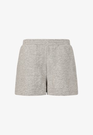 Lys grå cropped sweatshirt med lange ærmer og matchende shorts. Blødt stof, afslappet pasform, ledsaget af hvide træningssko og sokker.