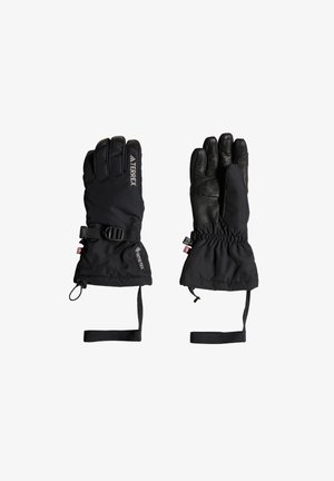 Schwarze wasserdichte Handschuhe aus einer Materialkombination von Stoff und Leder, mit einem gerafften Handgelenk, verstellbarem Riemen und verstärktem Handflächenbereich für besseren Grip.