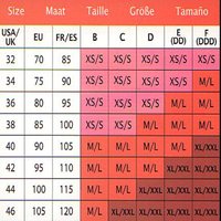 Tabulka převodu velikostí oblečení zobrazující velikosti v USA/UK, EU, FR/ES a odpovídající míry. Barevný přechod od růžové k červené.
