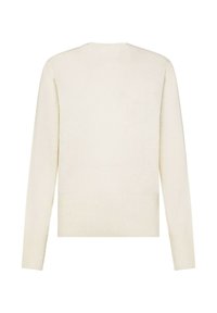 Maglione a maglia color crema con maniche lunghe e polsini e orlo a coste, mostrato da dietro su uno sfondo bianco.