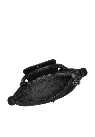 Black leather handbag with a zip closure and a top handle. Interior features a patterned fabric lining with a brand logo.