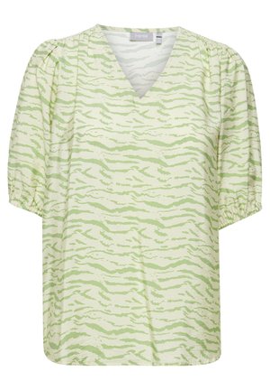 V-kauluksellinen vihreä ja kerma värinen paita, jossa on raidallinen kuvio, lyhyet puffi hihat ja rento istuvuus, valmistettu pehmeästä, tekstuurista kankaasta.