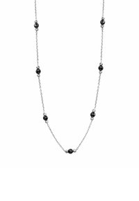 Srebrny owalny naszyjnik z łańcuszka, ozdobiony na przemian czarnymi fasetowanymi koralikami i metalowymi akcentami, tworzący delikatny i elegancki wzór.
