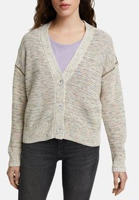 Leichtgewichtige, mehrfarbige Strickjacke mit V-Ausschnitt, Knopfleiste, überschnittenen Schultern und gerippten Bündchen, mit einem leicht verkürzten Saum.